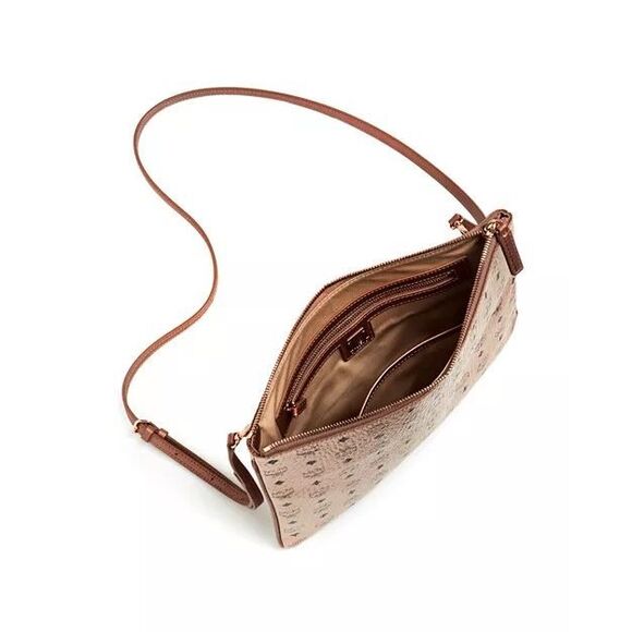 NWT MCM Monogram Printed Metallic Visetos Crossbody Pouch Champagne Medium $365 - Picture 4 of 13